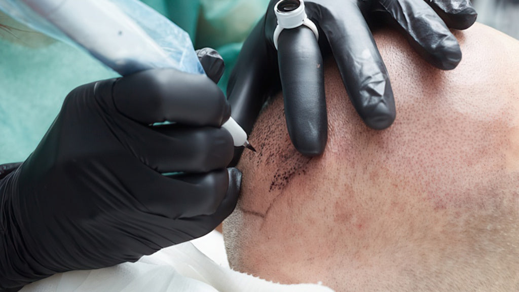 Professional scalp micropigmentation SMP treatment session showing technician applying pigment dots for hair loss restoration