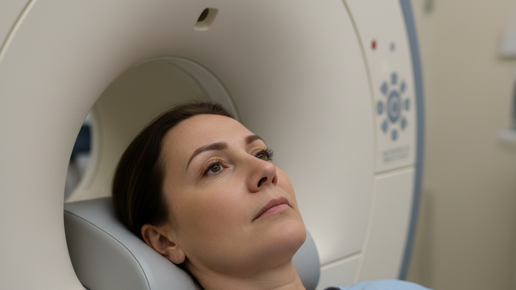 Woman with permanent makeup lying safely inside MRI machine scanner for medical imaging procedure examination