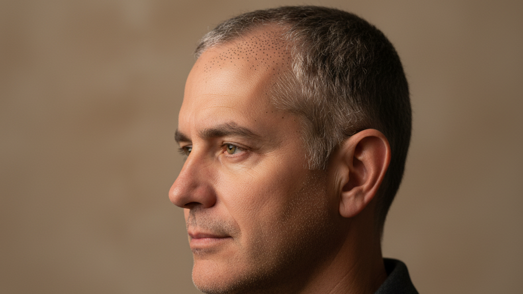 Professional scalp micropigmentation SMP results showing natural hair follicle simulation on male client with hair loss treatment