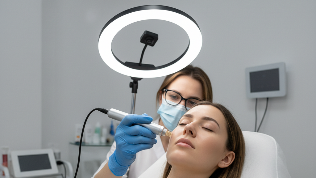 Professional esthetician performing microneedling treatment on female client in sterile medical clinic with professional lighting equipment