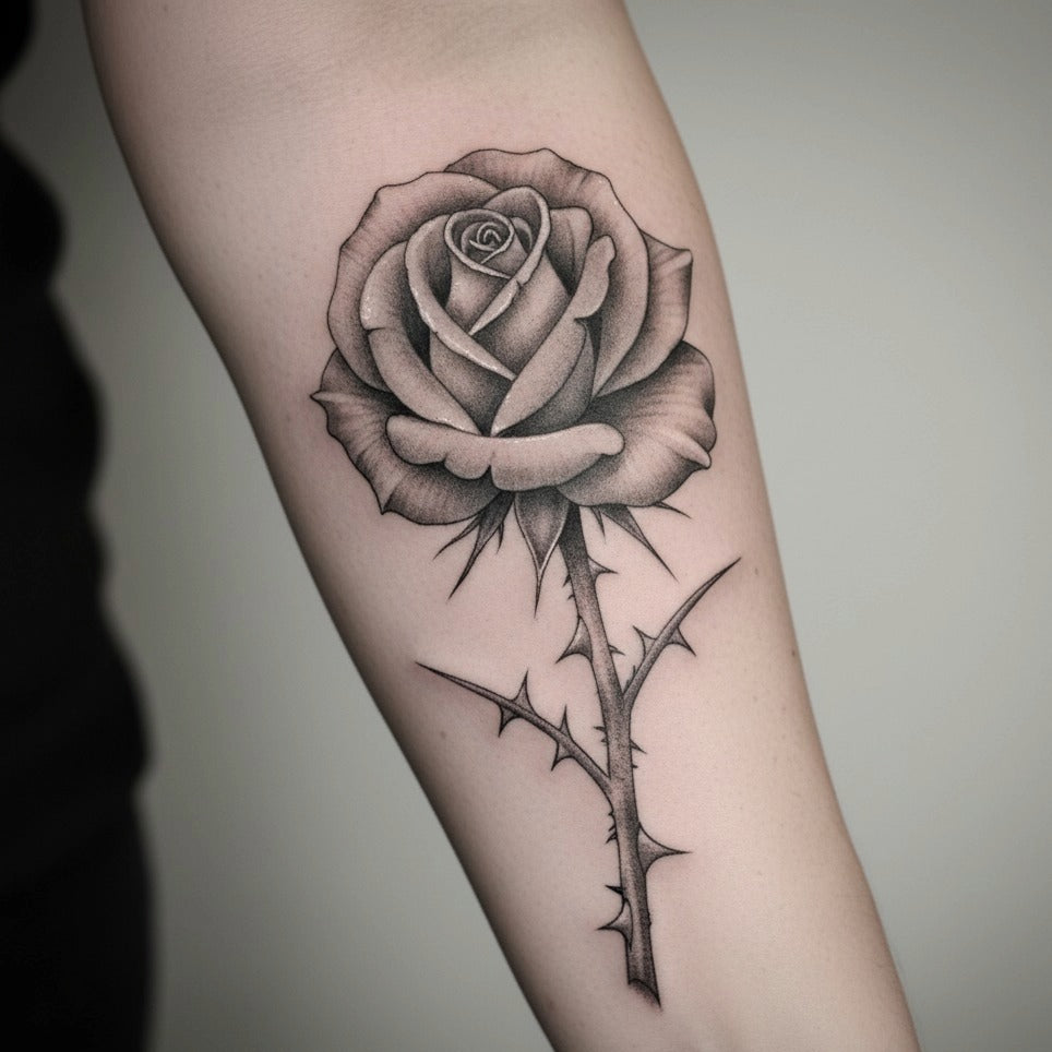 The image depicts a detailed black-and-white tattoo of a rose with thorns, symbolizing the beauty and pain often associated with love and life.