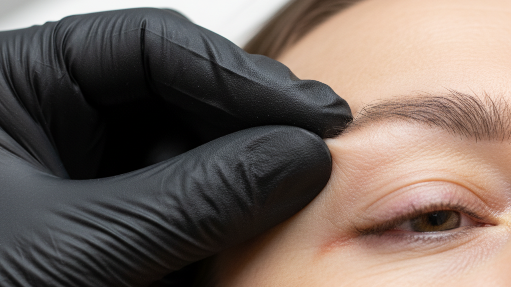 Professional permanent makeup artist performing gentle eyebrow procedure on mature skin using specialized techniques
