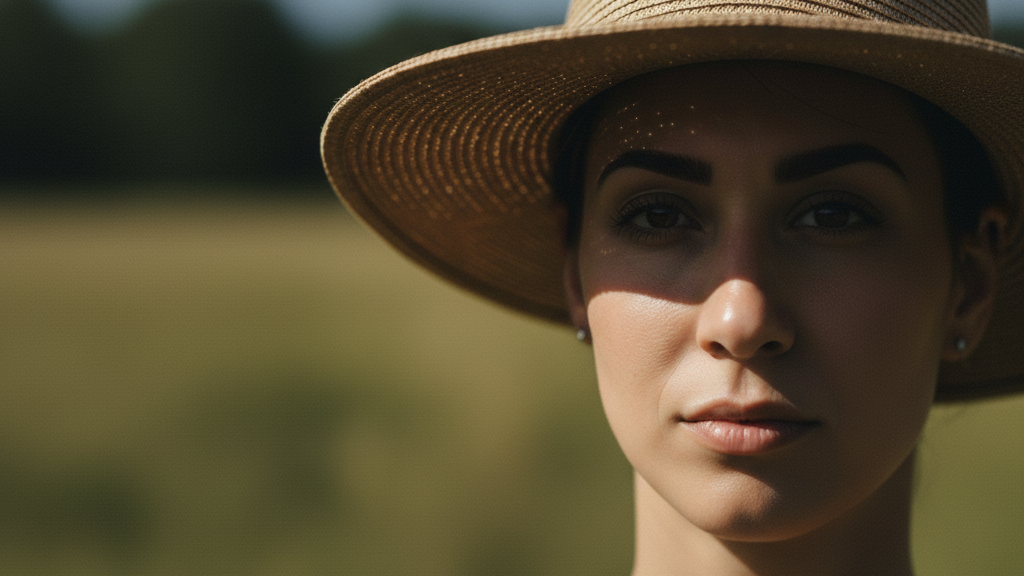 Woman wearing wide-brimmed hat protecting permanent makeup eyebrows and face from harmful UV rays and sun damage
