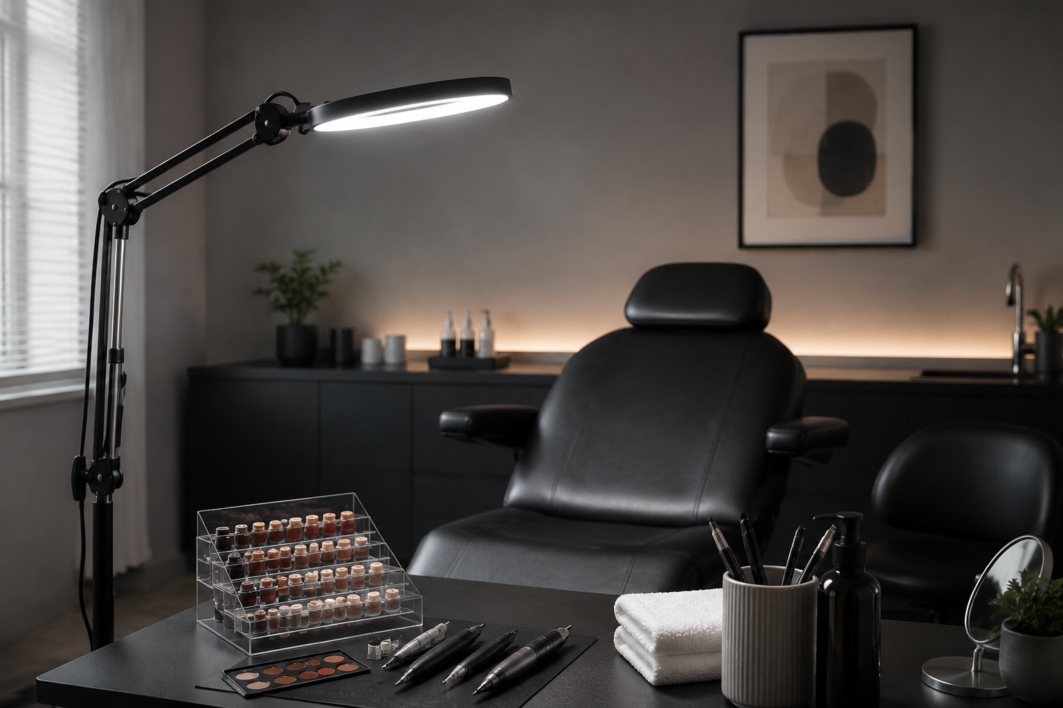 Treatment chair with adjustable daylight lamp and pigment cups on a side table in a neutral studio