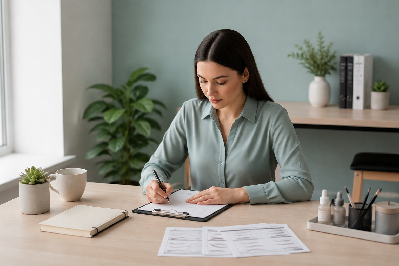 PMU studio professional reviewing appointment records beside consultation materials at a calm desk