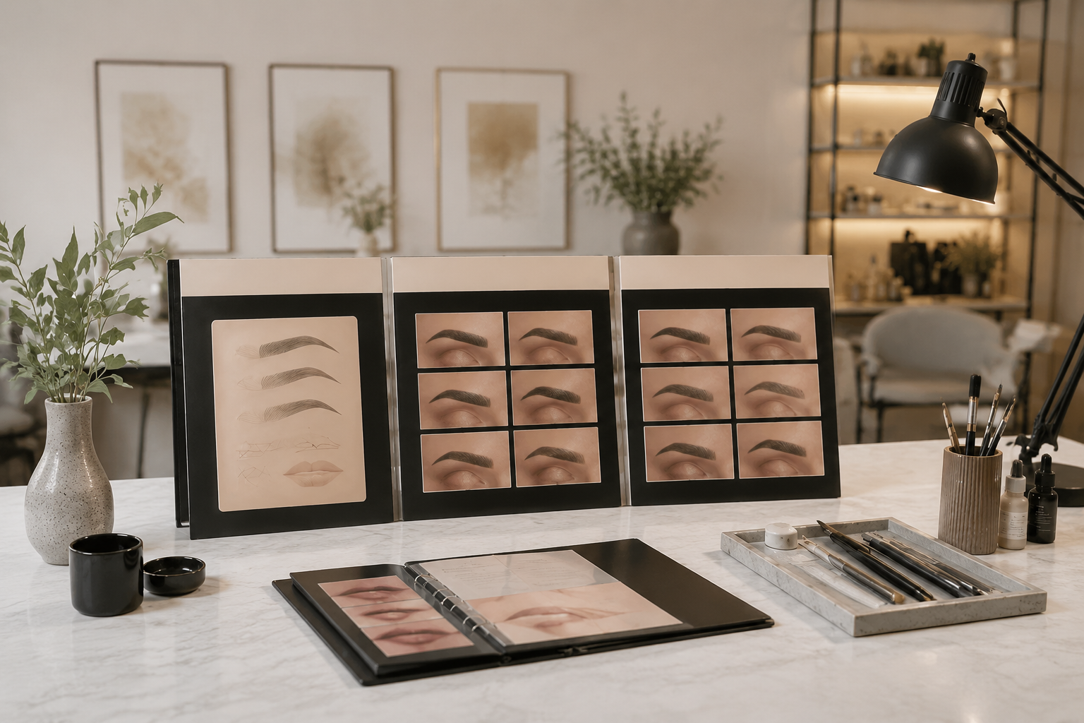 Professional PMU studio consultation and portfolio materials on a clean work surface