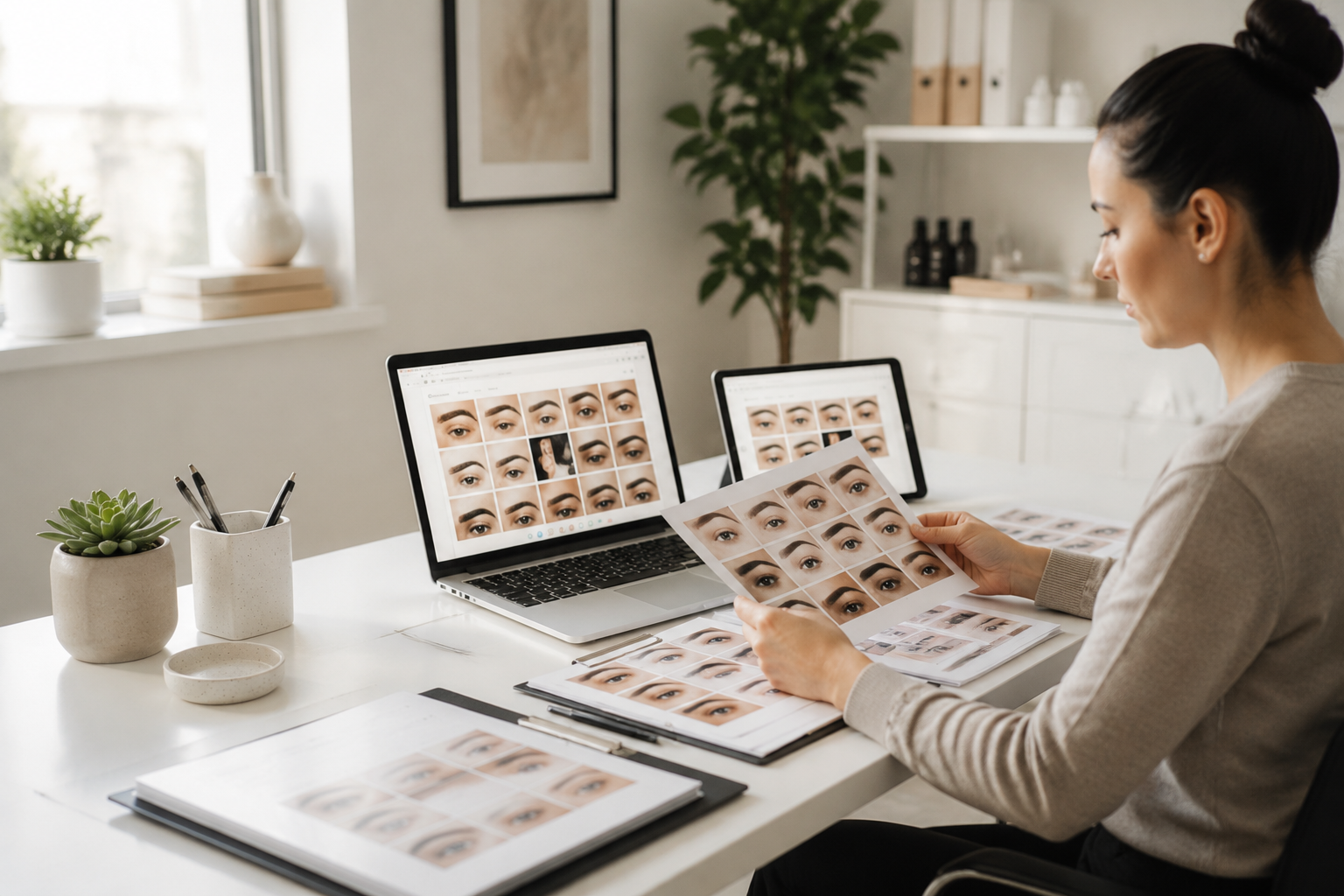 PMU artist reviewing healed brow photos on laptop and printed proof sheets at a tidy white desk.