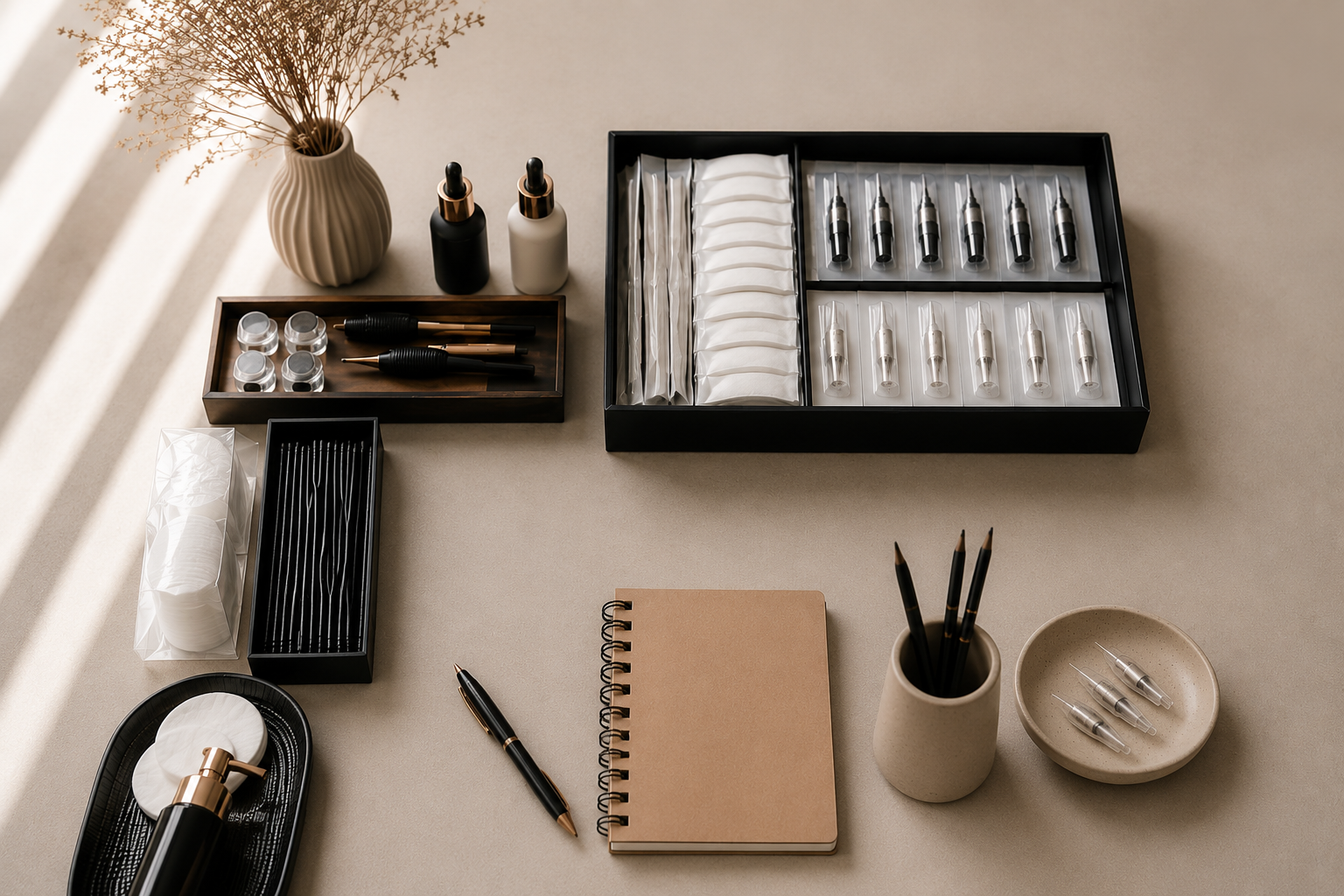 PMU studio workspace with disposable supplies, calculator, pigments, ruler, and appointment notebook arranged neatly