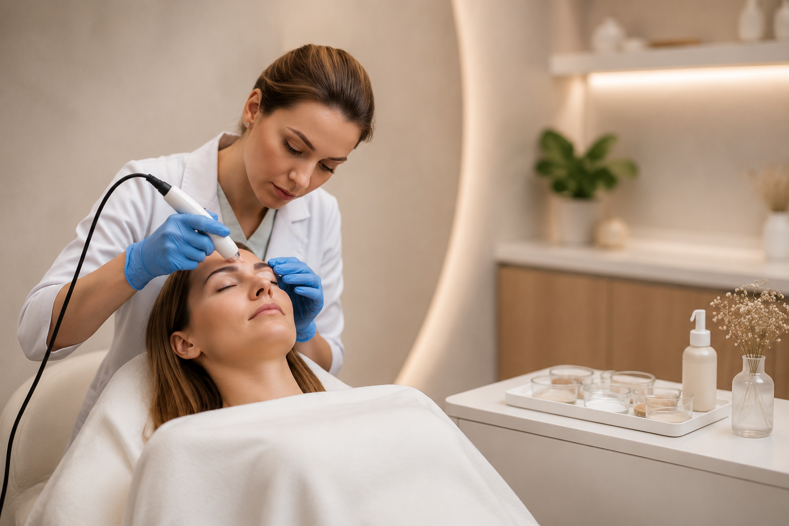 Clinician examining cosmetic eyebrow pigment beside neutral color swatches during a cautious consultation