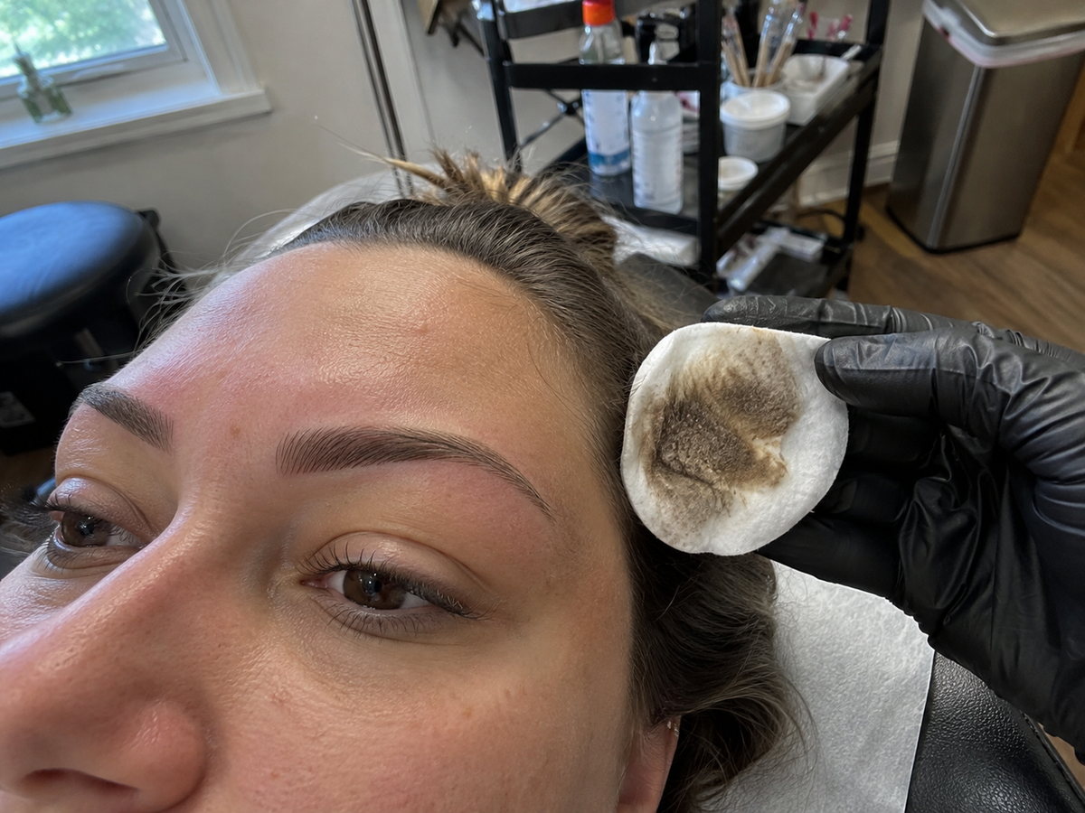 A close smartphone snapshot of a freshly cleaned PMU brow beside a cotton pad carrying brown surface pigment residue