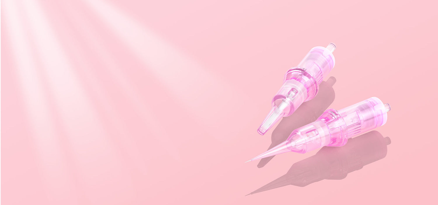 Pink PMU needles for scalp micropigmentation treatment showing specialized permanent makeup tools used in SMP procedures.