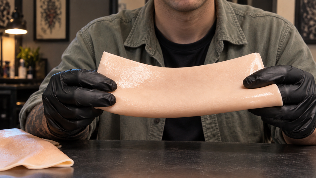 A tattoo artist flexing a blank synthetic practice skin sheet