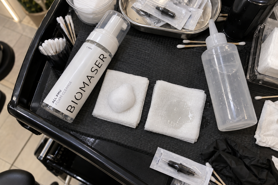 An overhead PMU workstation showing fine cleanser foam on one gauze pad and clear liquid on another
