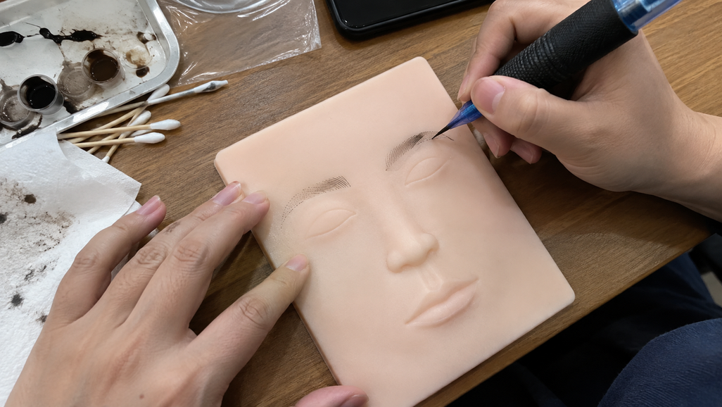 A person practicing eyebrow strokes on a face-shaped silicone pad