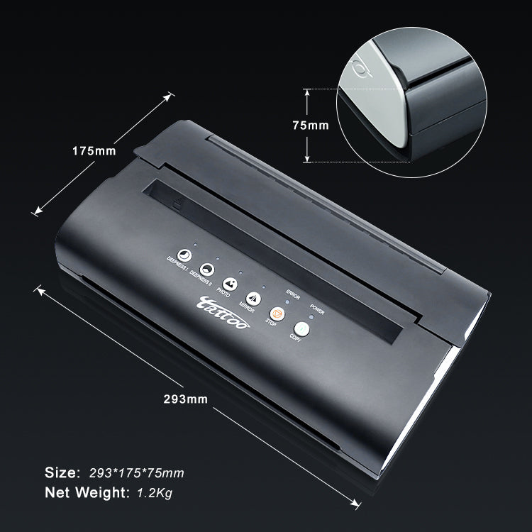 Thunderlord mini tattoo printer, black, portable, for professional tattoo artists, with dimension labels, efficient printing.