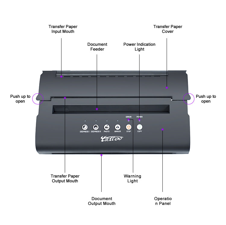 Thunderlord tattoo stencil printer, black portable transfer machine with labeled parts, efficient for tattoo artists