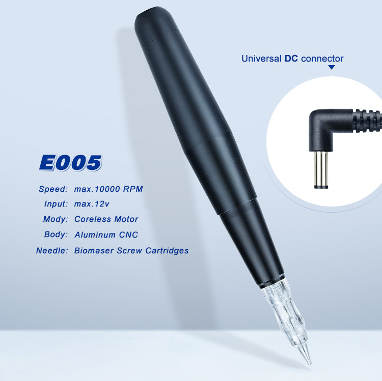 Biomaser E005 PMU pen in black, Aluminum CNC body with DC connector. For eyebrow, lip, and MTS.