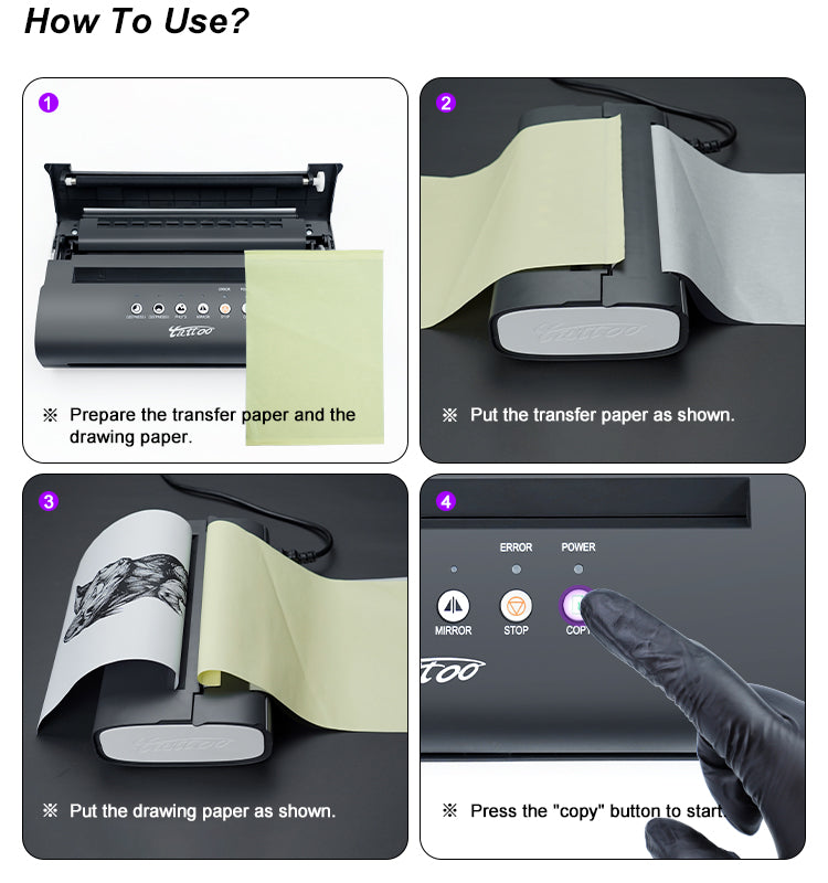 Thunderlord tattoo transfer machine guide: showing paper preparation, loading, and copy button use for tattoo stencils.