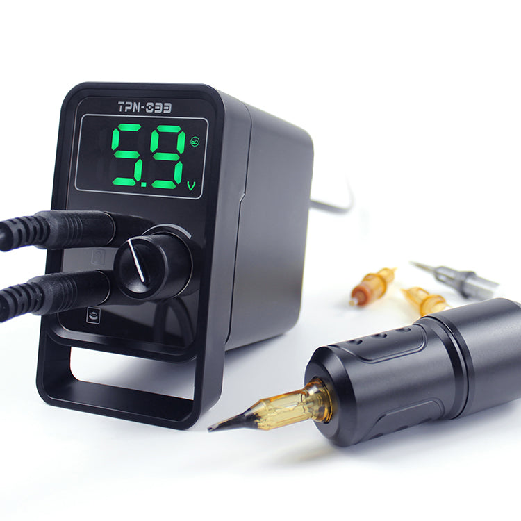 Black Tattoo Power Supply TPN-033 with digital display, tattoo machine and cartridges, tattoo equipment.