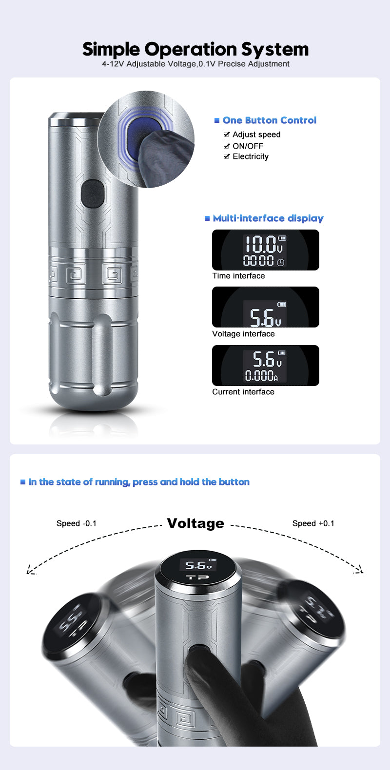 Biomaser K6031 wireless tattoo machine, showing voltage adjustment & multi-interface display, tattoo equipment.