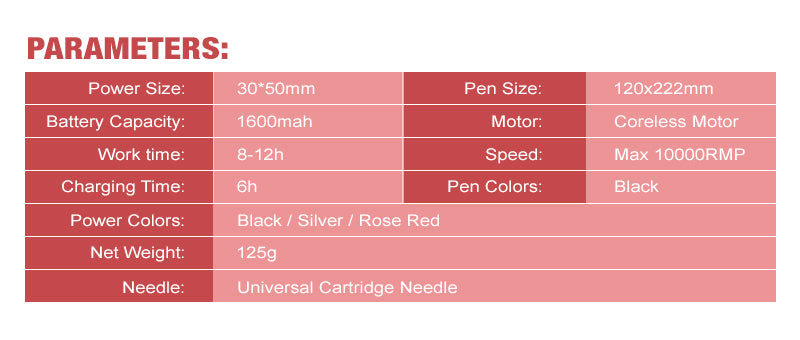 CTGE005 Tattoo Pen: Coreless motor, 10000RPM, black color. Essential tattoo equipment parameters.