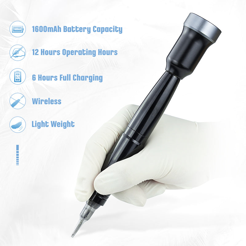 Black wireless tattoo pen, 1600mAh, 12 hours operating time, and light weight, professional tattoo equipment by Biomaser.