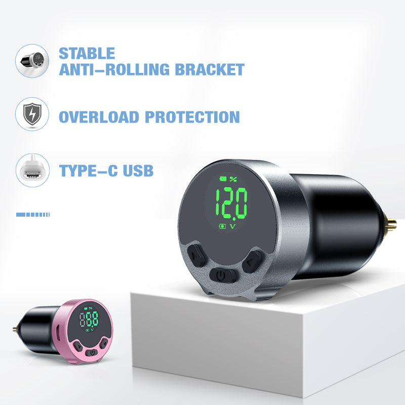 Digital Wireless Tattoo Power Supply DC004 with LED Display, 12.0V output. Features overload protection and Type-C USB.