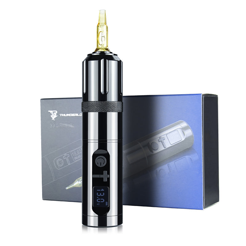 Thunderlord Power K6022 Wireless Tattoo Pen Machine with digital display, black and silver, professional tattoo equipment