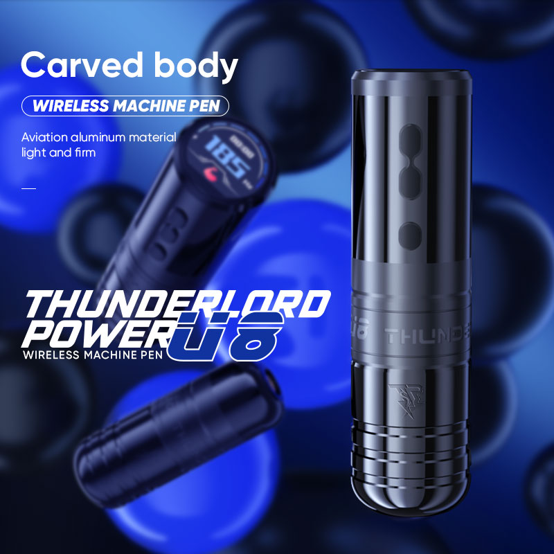 THUNDERLORD POWER U8 Wireless Tattoo Machine Pen, dark grey, carved body, frequency display, professional tattoo equipment.