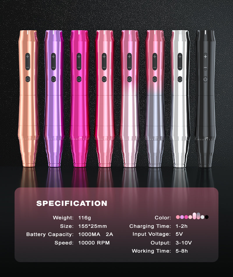 Biomaser TP010 Wireless PMU Machine Kit, various colors with key specs, ideal for professional PMU artists.