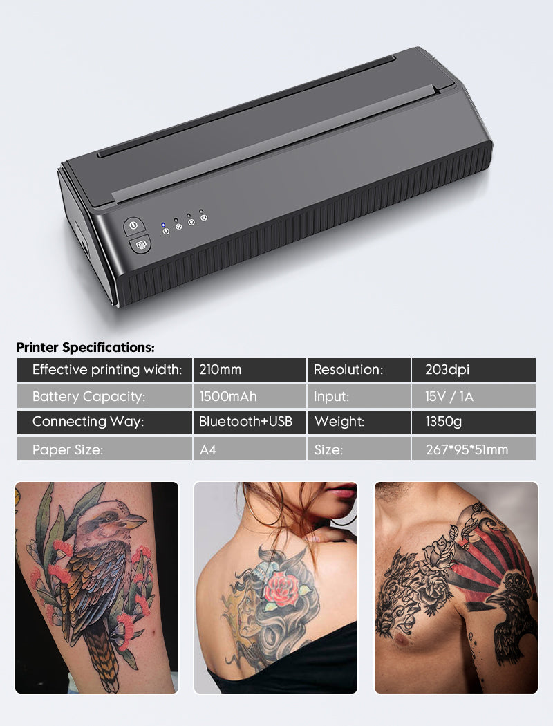 Wireless tattoo stencil machine with specifications, including Bluetooth, A4 paper size, and tattoo examples.