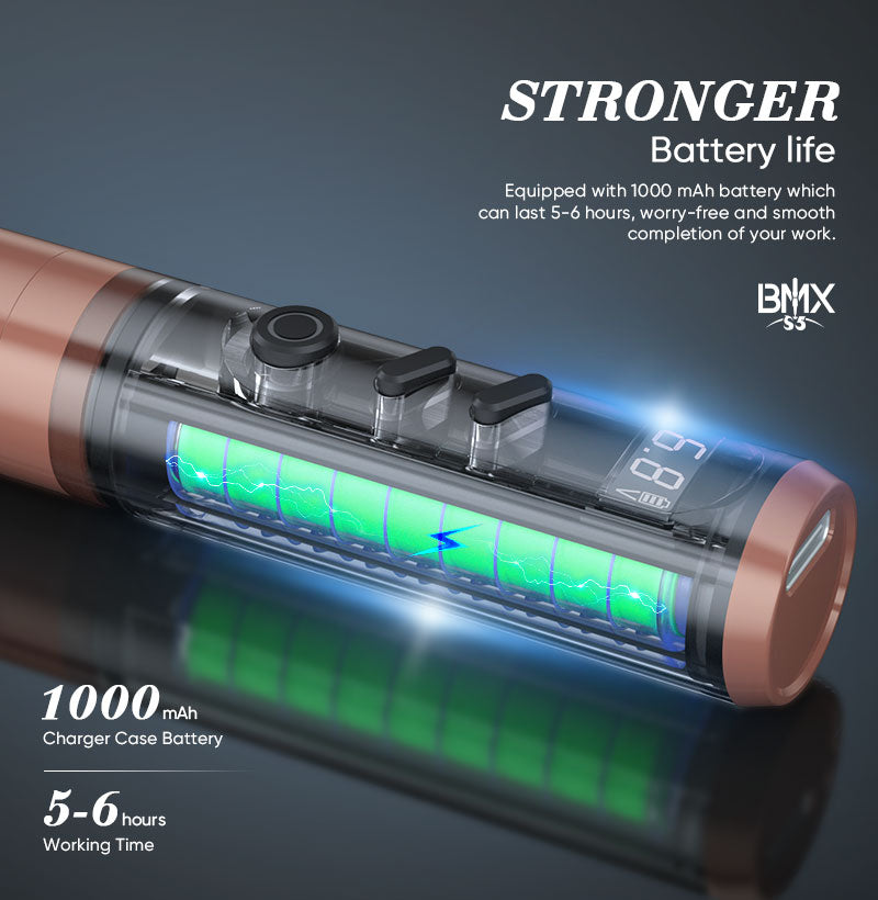 Biomaser P3 wireless PMU machine with digital display, rose gold finish, and long-lasting battery for PMU.