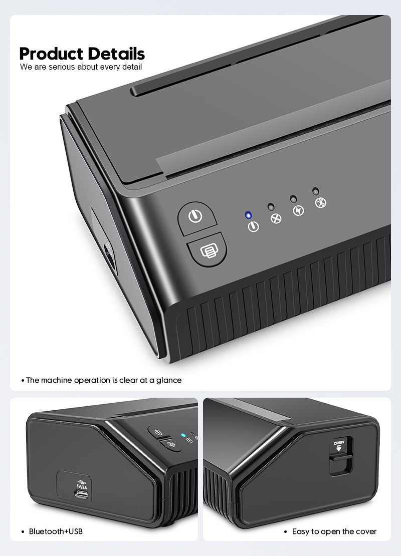 Wireless tattoo transfer machine with Bluetooth and USB ports, clear machine operation, tattoo equipment detail view.