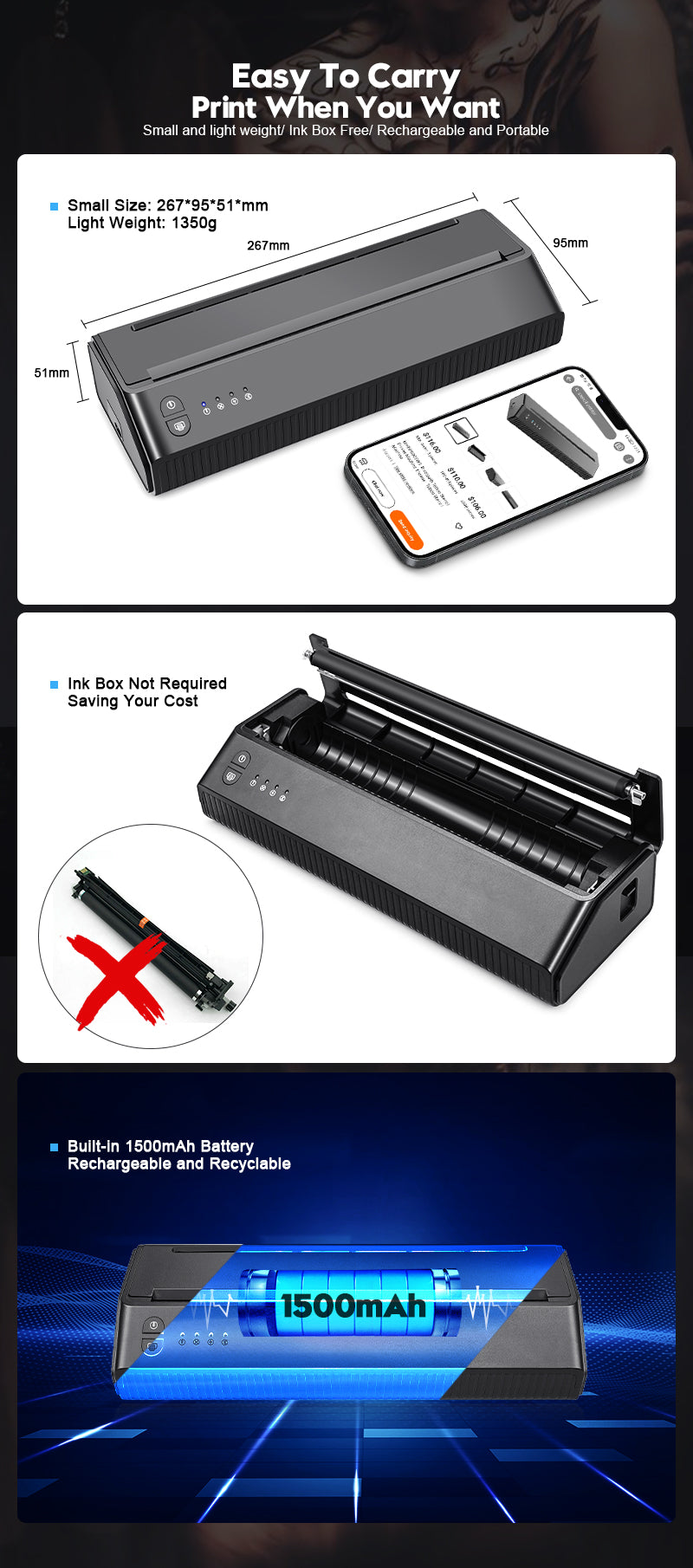 Wireless tattoo transfer machine, portable thermal copier, black, ink box free, 1500mAh battery, tattoo equipment for artists
