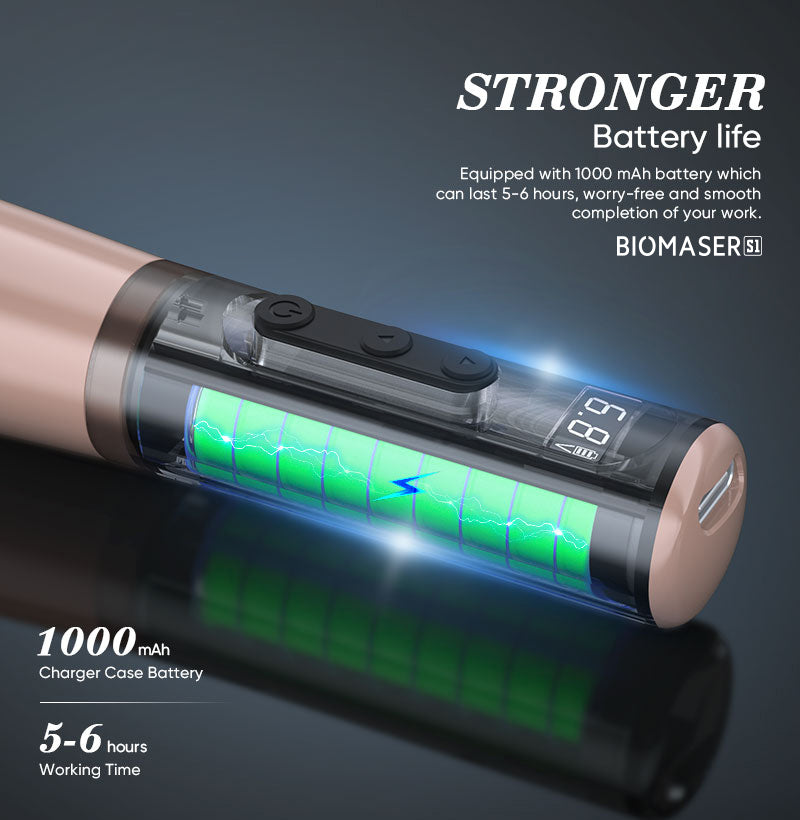 Biomaser P90 PRO PMU pen, rose gold, showing battery life. 1000mAh, lasting 5-6 hours. Professional tattoo equipment.