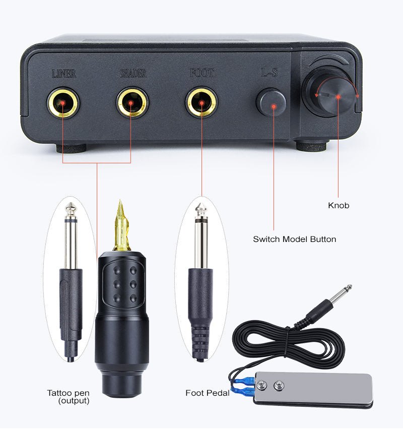 Black ThunderlordPower TPN032 tattoo power supply with tattoo pen and foot pedal connections, for tattoo machines