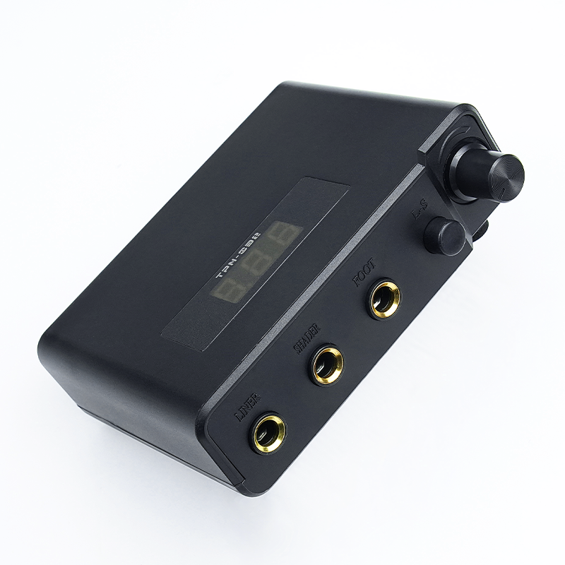 Black ThunderlordPower TPN032 tattoo power supply with digital voltage display and adjustable settings.
