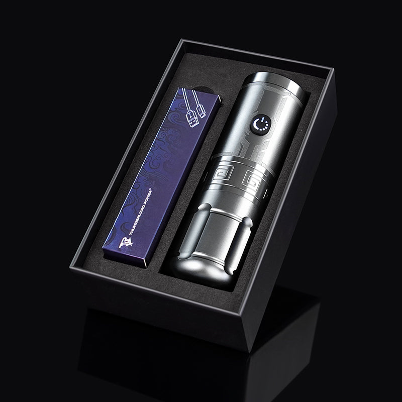 Thunderlord power K6031 wireless tattoo machine in silver, boxed, with THUNDERLORD POWER branding, tattoo equipment