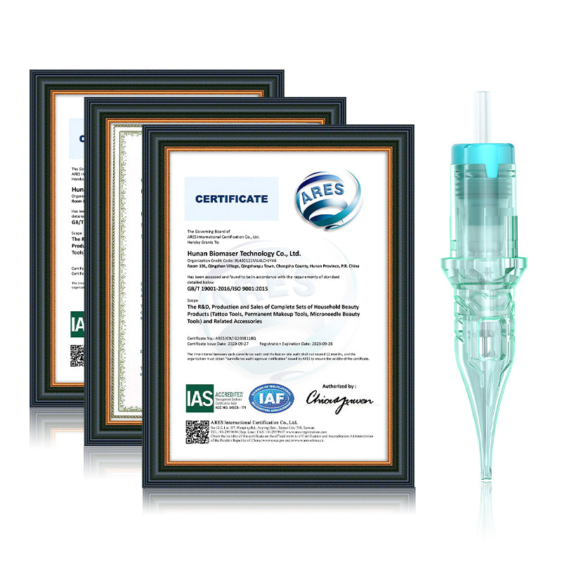ThunderlordPower RL cartridge needle and Biomaser certifications, ensuring quality tattoo supplies and safety standards.