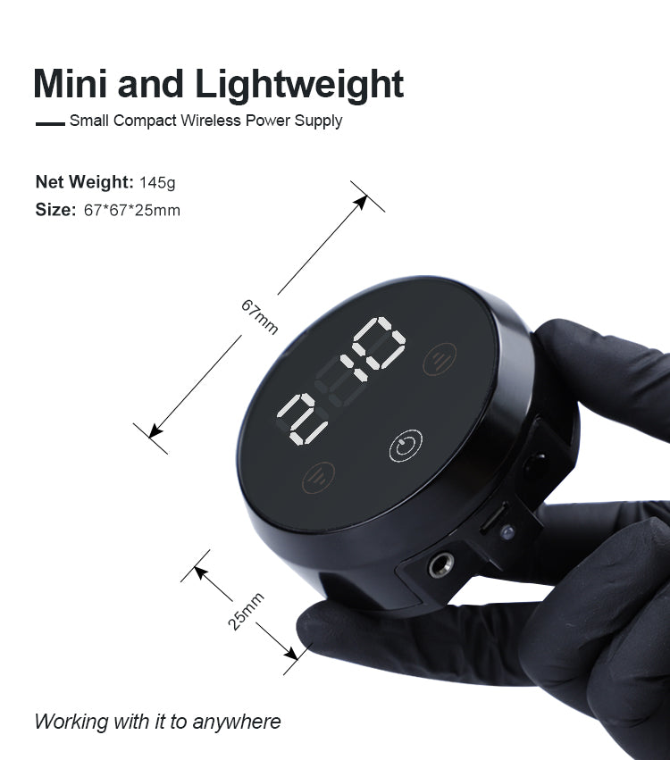 Black mini wireless tattoo power supply, compact design, digital display, lightweight, tattoo equipment