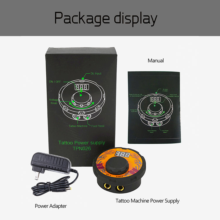 Biomaser TPN026 tattoo power supply package: digital display unit, power adapter, manual, and tattoo machine equipment.