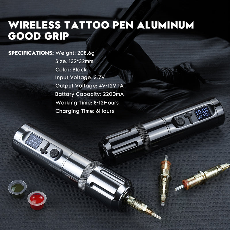 Black wireless tattoo pen with OLED display, aluminum good grip, features 4.0mm stroke for professional tattoo artists.