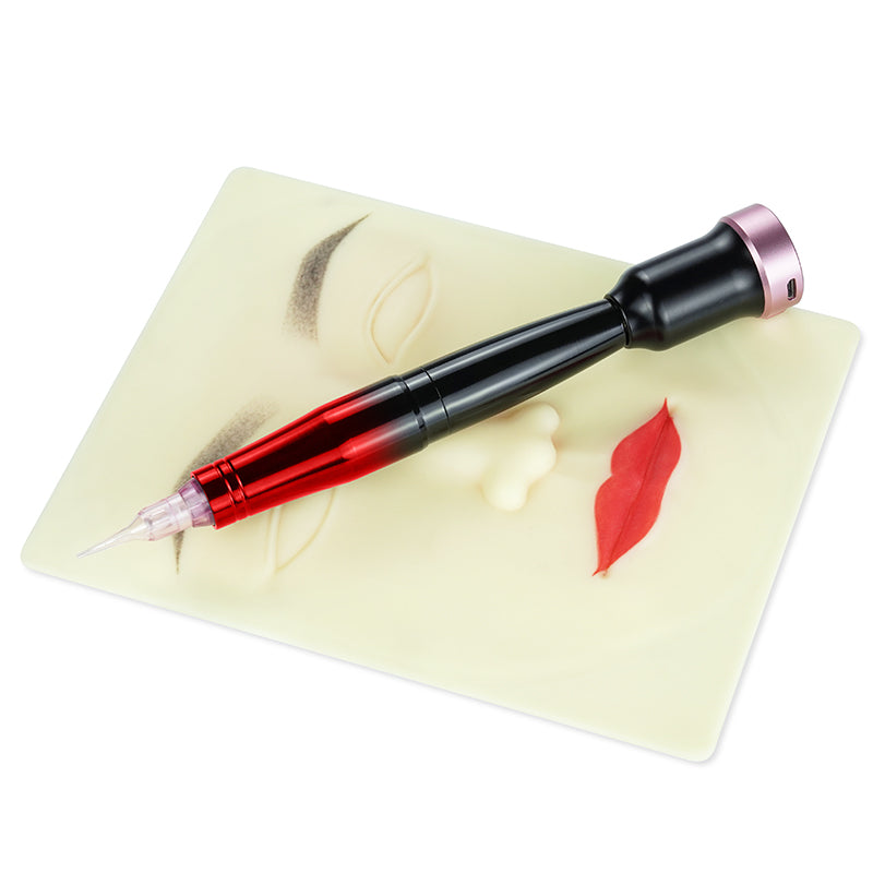 CTGE005 Mini Rotary Pen Tattoo Machine in action for eyebrow tattoo practice. Black and red gradient design, coreless motor.
