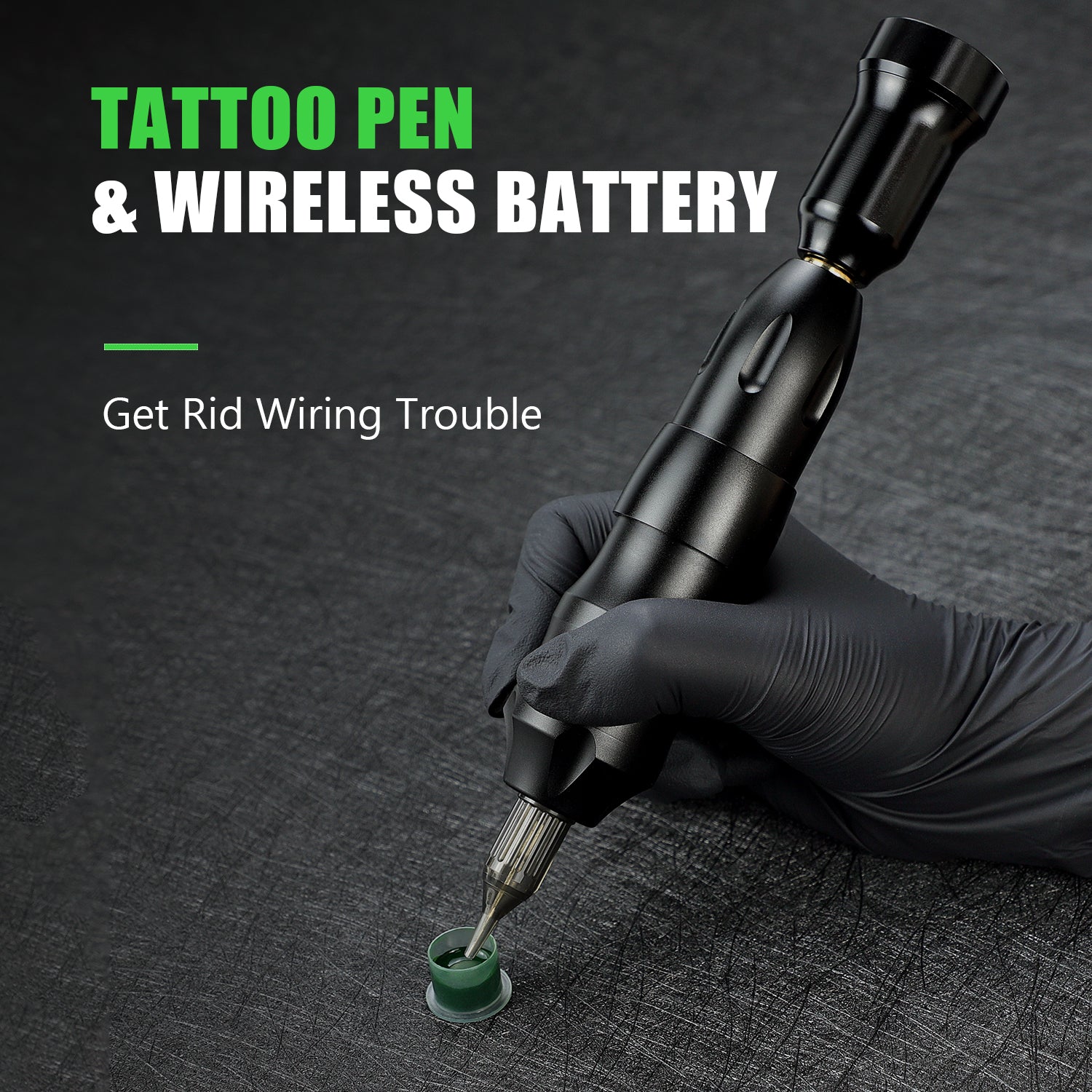 Black wireless tattoo pen and battery, professional tattoo equipment eliminating wiring, digital display, Biomaser product.
