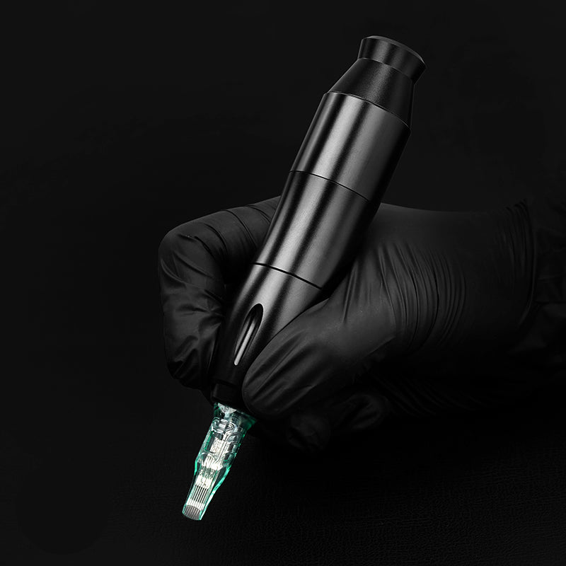 Black Thunderlord Power CTG012 Pen Tattoo Machine with cartridge needle, held in gloved hand, tattoo equipment.