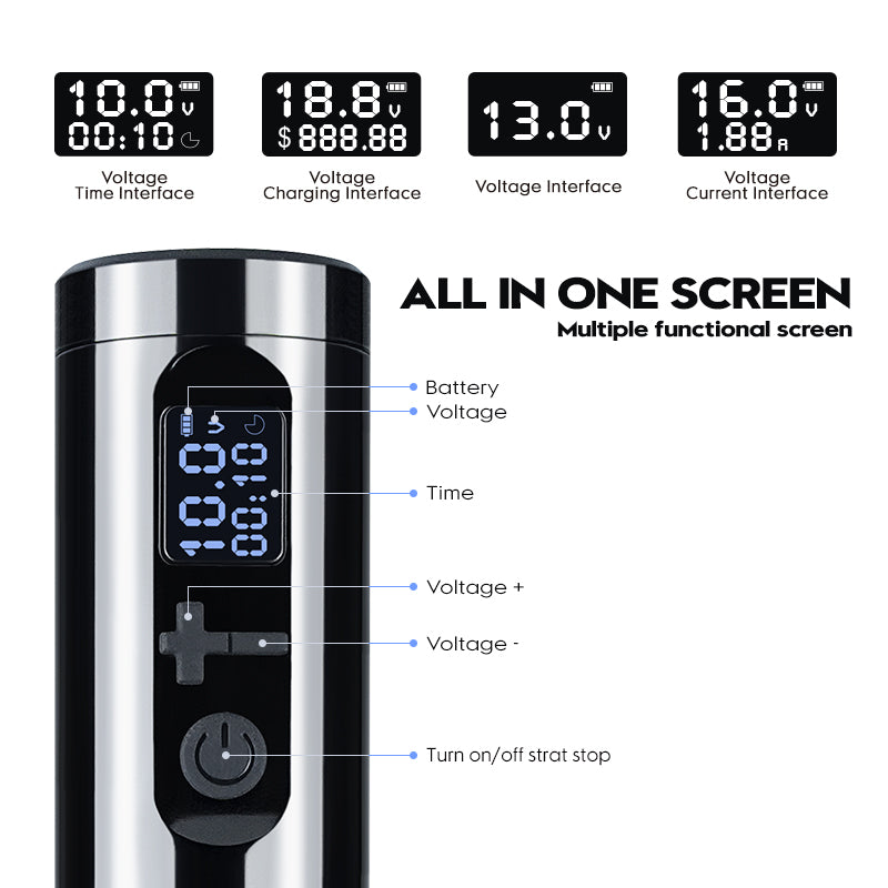 Thunderlord K6022 wireless tattoo pen's OLED screen display showing voltage, time, charging and key feature.
