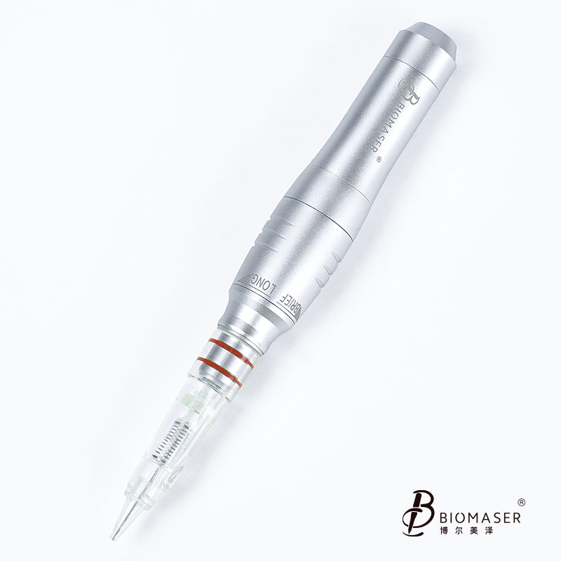 Biomaser silver PMU handpiece with cartridge needle, BRIEF LONG marking, professional tattoo equipment.