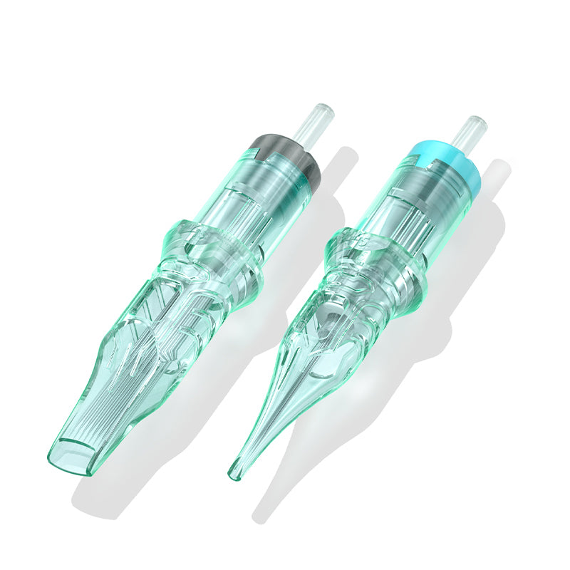 ThunderlordPower RL Cartridge Needles for standard tattoo pen machine, green body and gray/blue cap. Tattoo supplies.