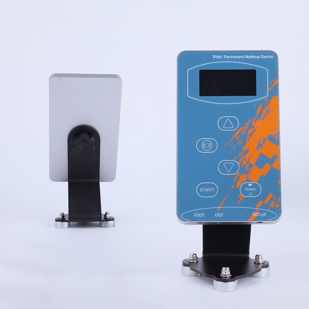 BMX P100 permanent makeup device blue control panel for professional PMU, with start and power features.