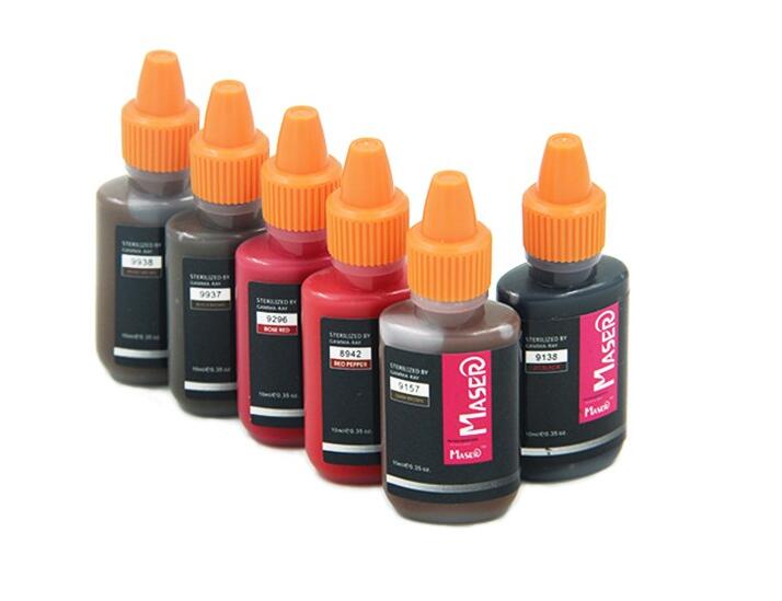 Maser Permanent Makeup Pigment Set - various colors, professional tattoo supplies, PMU ink for eyebrows and lips.